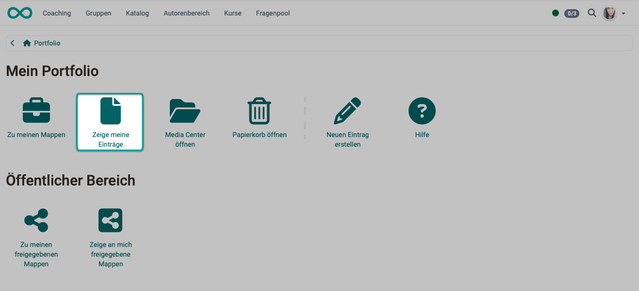 Icon Show my entries highlighted, next to it Go to my binders, Open media center and Create new entry