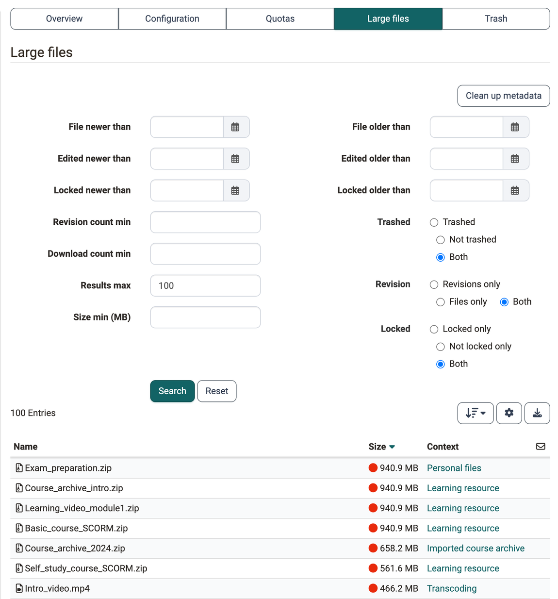 Search form by age, versions, downloads and minimum size, below it the largest files with context, in the Large files tab under Files and folders of the system administration