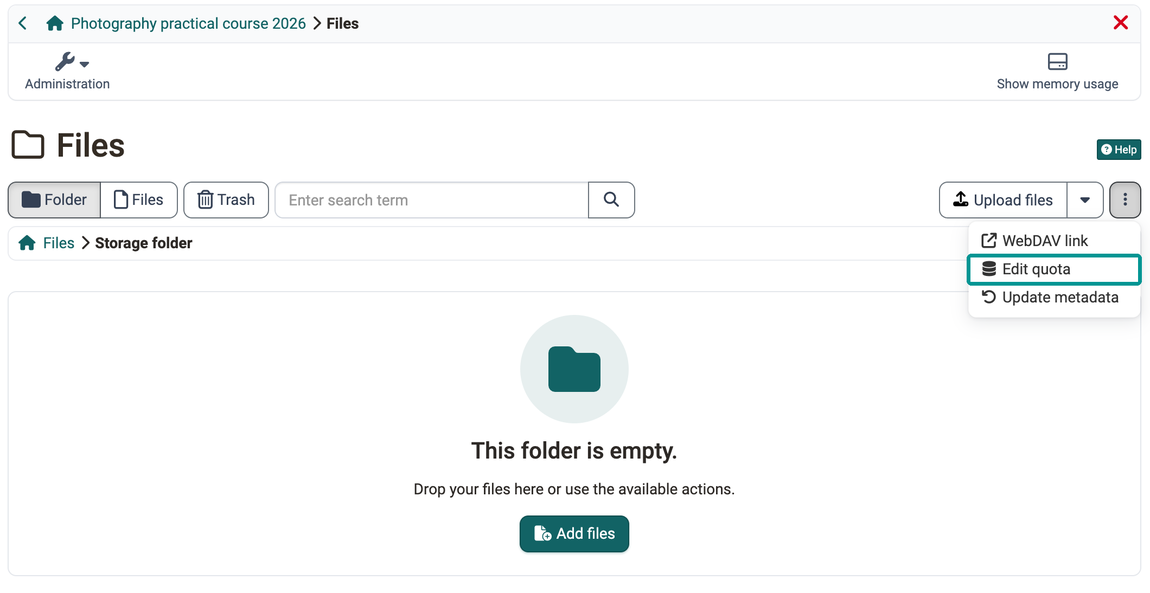 Entry Edit quota in the menu with the three dots, in the storage folder under Files of the course administration