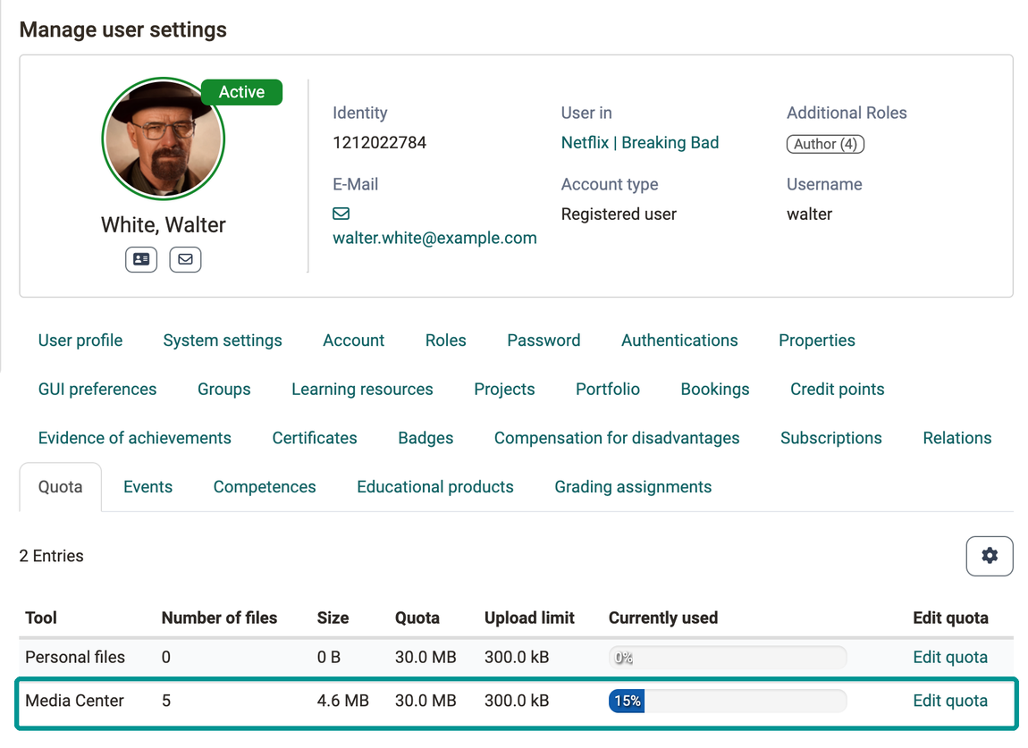 Rows Personal files and Media Center with size, quota, upload limit and Edit quota action, the Media Center row highlighted, in the Quota tab of an account in the user management