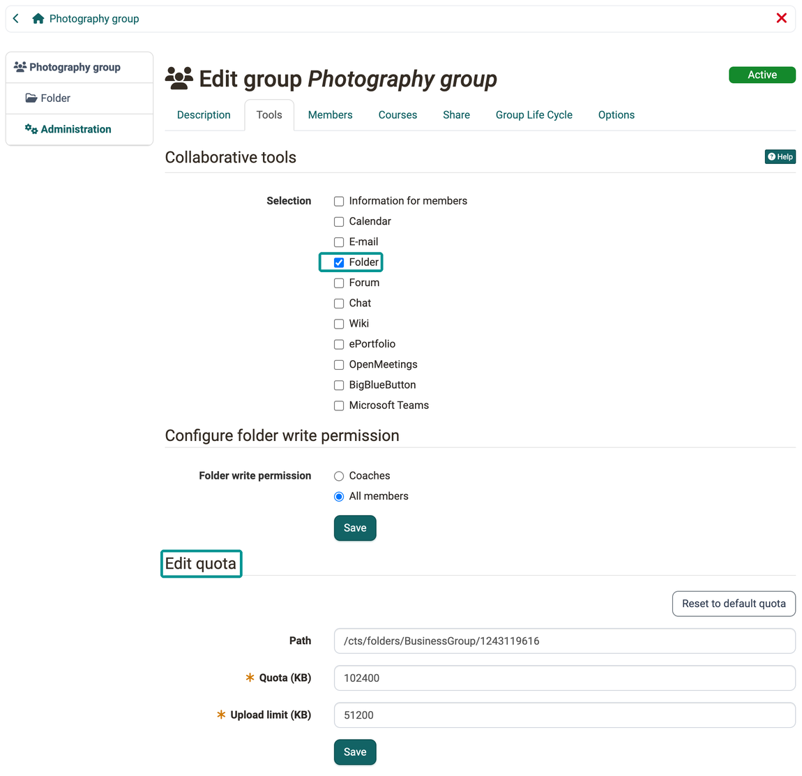 Edit quota area with path, quota and upload limit appears after activating the folder, in the Tools tab of the group administration