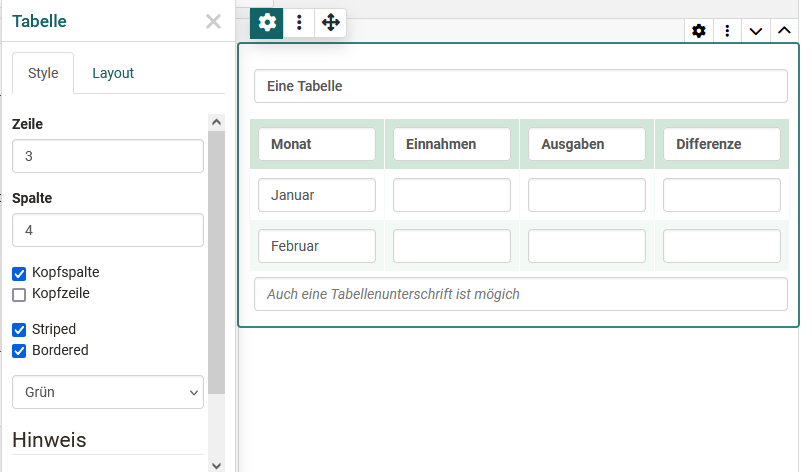 Element Tabelle im Portfolio Editor