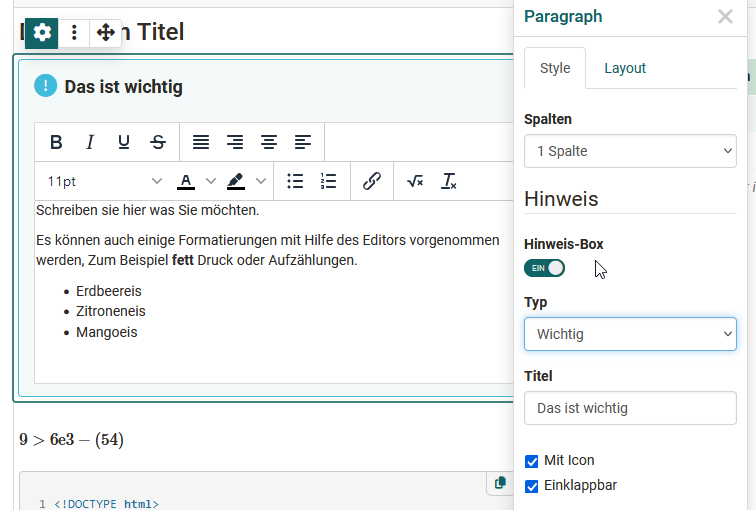 Hinweis-Box im Content Editor