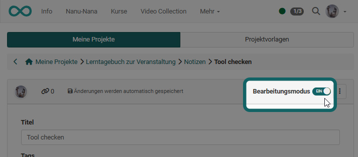 Projket Notizen Bearbeitungsmodus