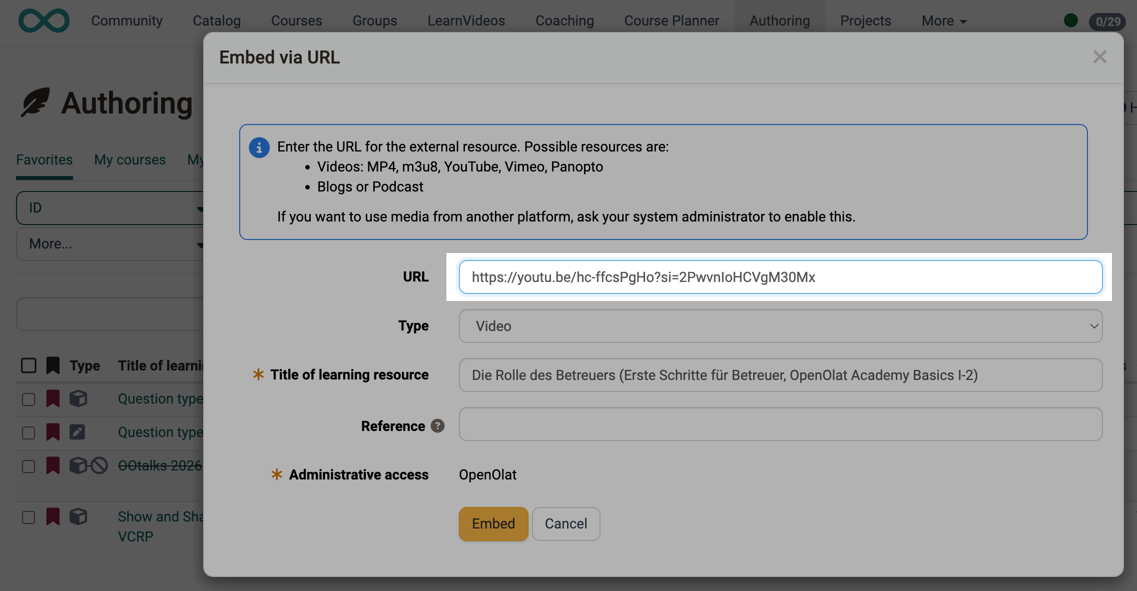 Dialog "Embed via URL"