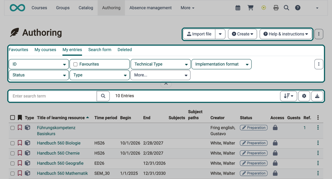 List of your own learning resources, highlighted the buttons Import file, Create and Help & instructions, the filter tabs with the filters and the row with search field, cogwheel and download