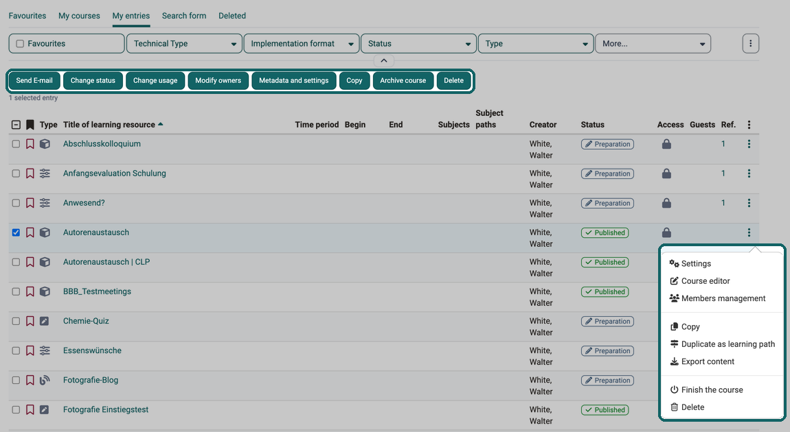 Buttons for bulk actions above the table and the opened 3-dot menu of a row with Settings, Course editor and Members management at the top