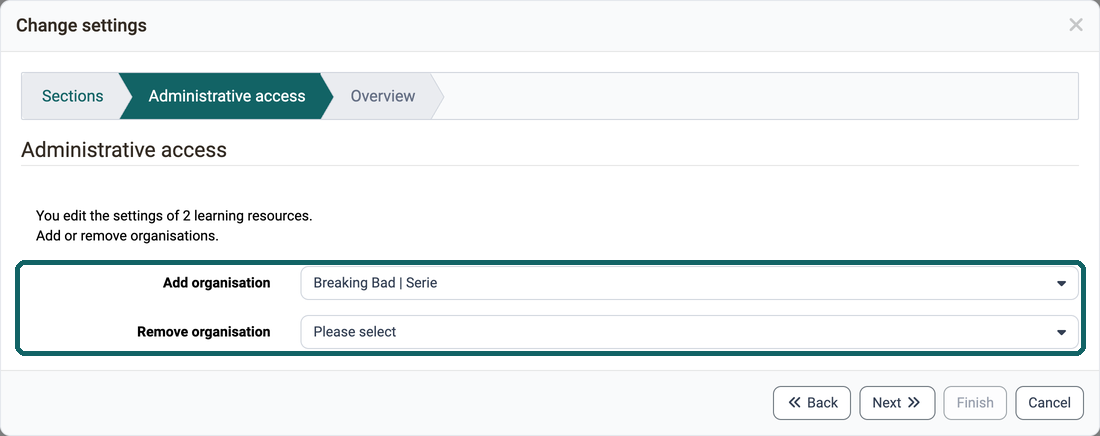 Marked fields Add organisation and Remove organisation, here for 2 learning resources