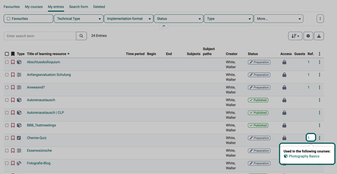 The number in the Ref. column opens the list Used in the following courses with the course that uses the test