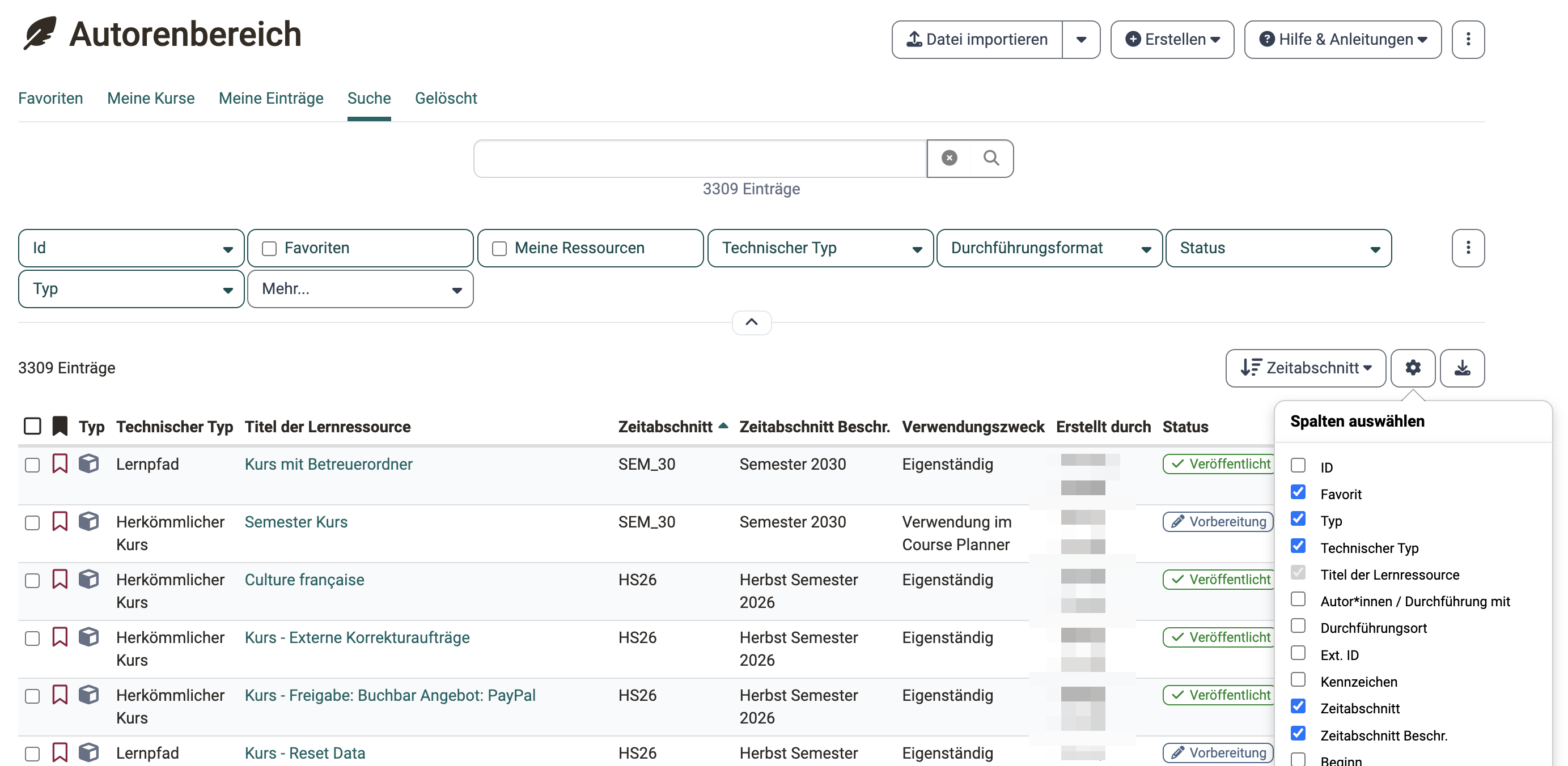 Select columns list with the ticked entries Time period and Time period desc., opened through the gear wheel