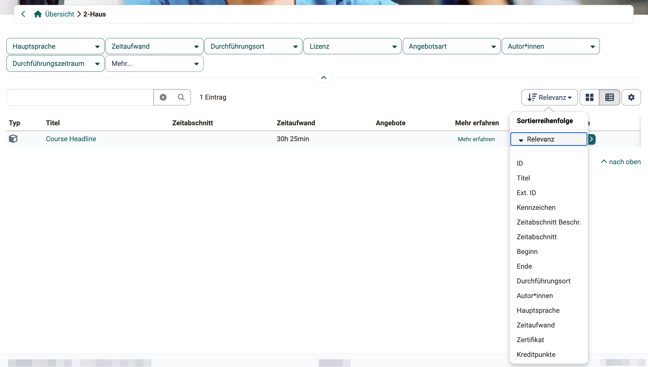 Sort button Relevance and the open Sorted by list with all criteria, table view of a catalog category