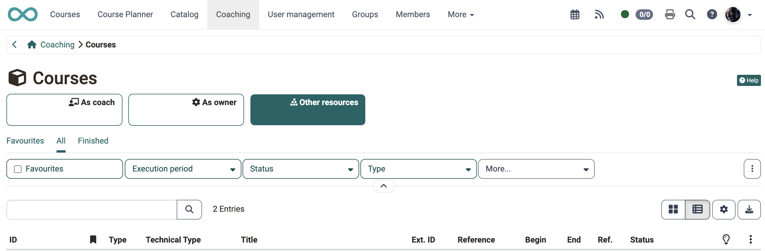 Courses in the Coaching Tool with the focus entries As coach, As owner and the selected Other resources, below them the tabs Favourites, All and Finished and the columns ID to Status.