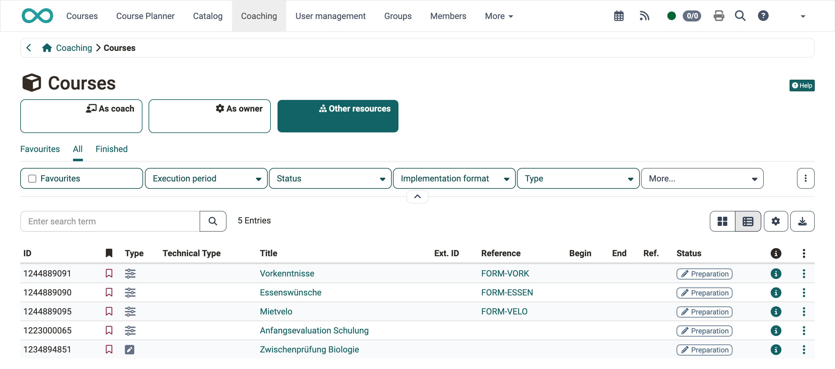 Courses in Coaching, scope Other resources · 2026.10.27 Courses in Coaching, scope Other resources: learning resources that you own and that are embedded in courses, tabs Favourites, All and Finished, at the right the info icon for the Info page