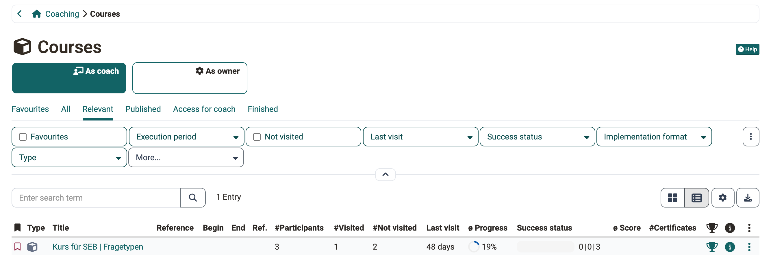 Courses in Coaching in table view · 2026.10.27 Course list in the scope As coach in table view: per course participants, visits, progress, success status, score and certificates, at the right the icons for the Assessment tool and the Info page