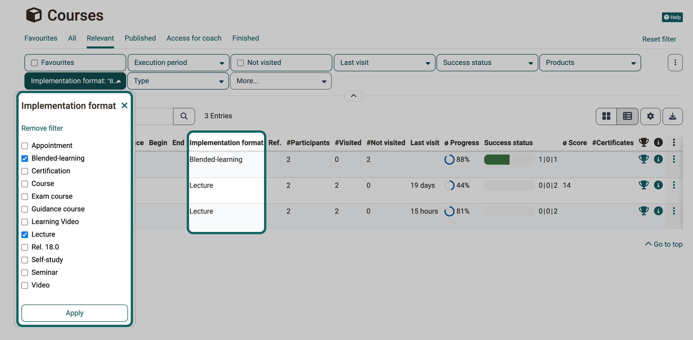 Courses in Coaching, filter Implementation format · 2026.10.27 Filter Implementation format with Blended-learning and Lecture selected, the list shows only courses of these formats, the column Implementation format names the format per course