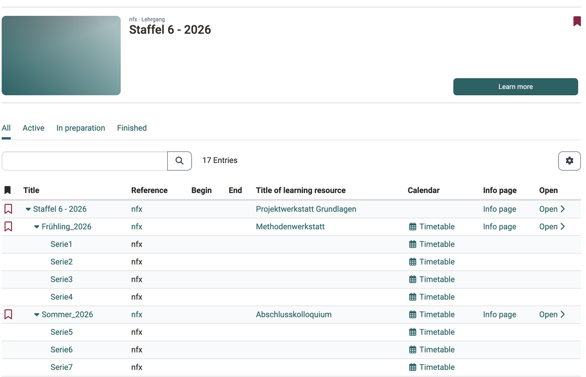 Tree structure of the contained courses with the columns Info page and Open, above it the button Learn more, in an opened implementation.