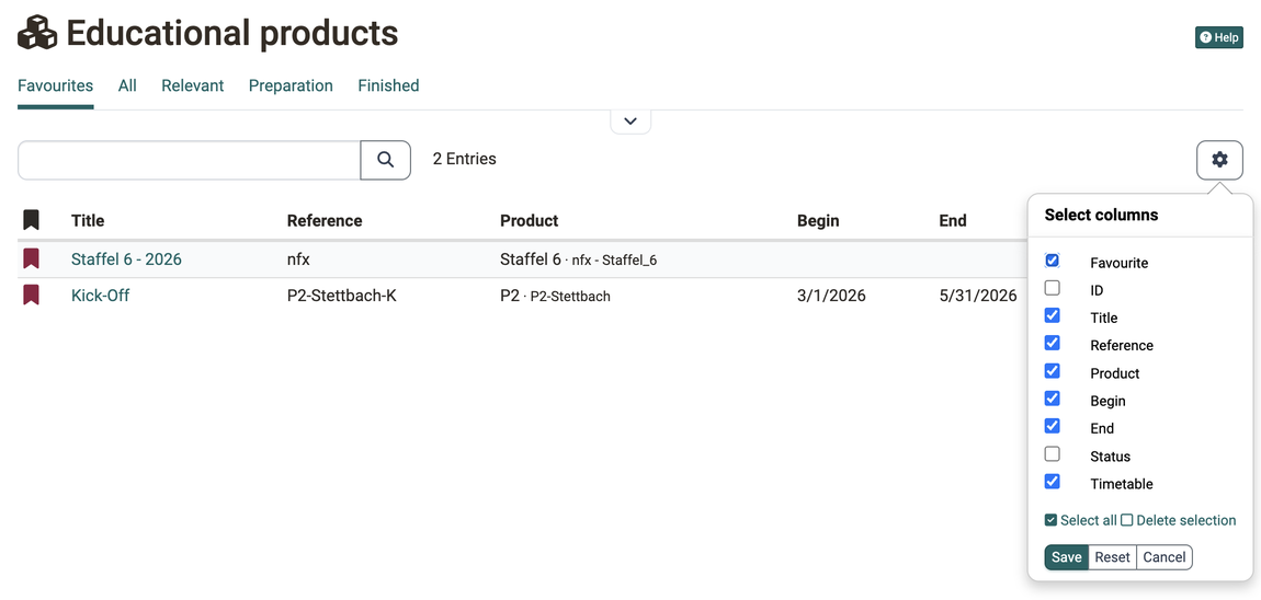 Only the columns ID and Status are not ticked, in the opened dialog Select columns in the Educational products of the Coaching Tool.