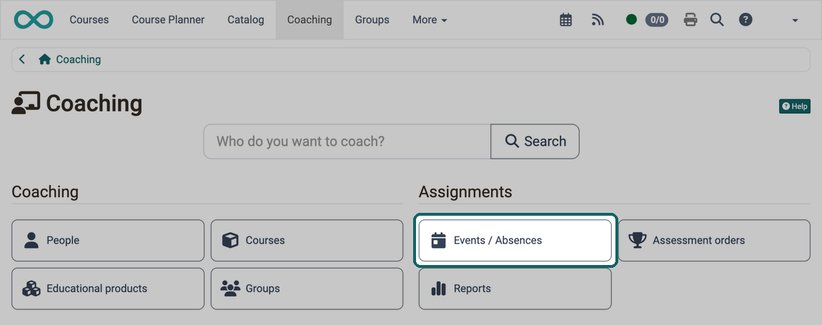 Marked button Events / Absences under Assignments leads to the cross-course event and absence management