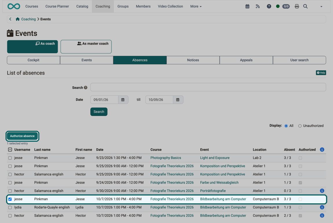 Marked button Authorize absence appears above the list as soon as an absence is ticked