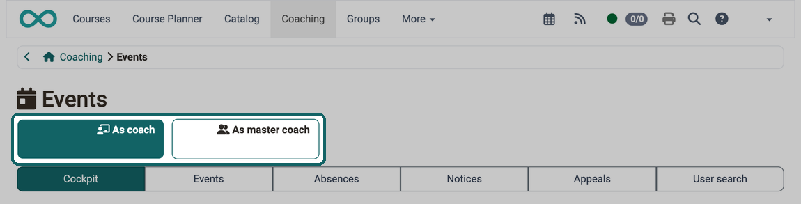Marked buttons As coach and As master coach above the tab bar switch the role for which you see events and absences