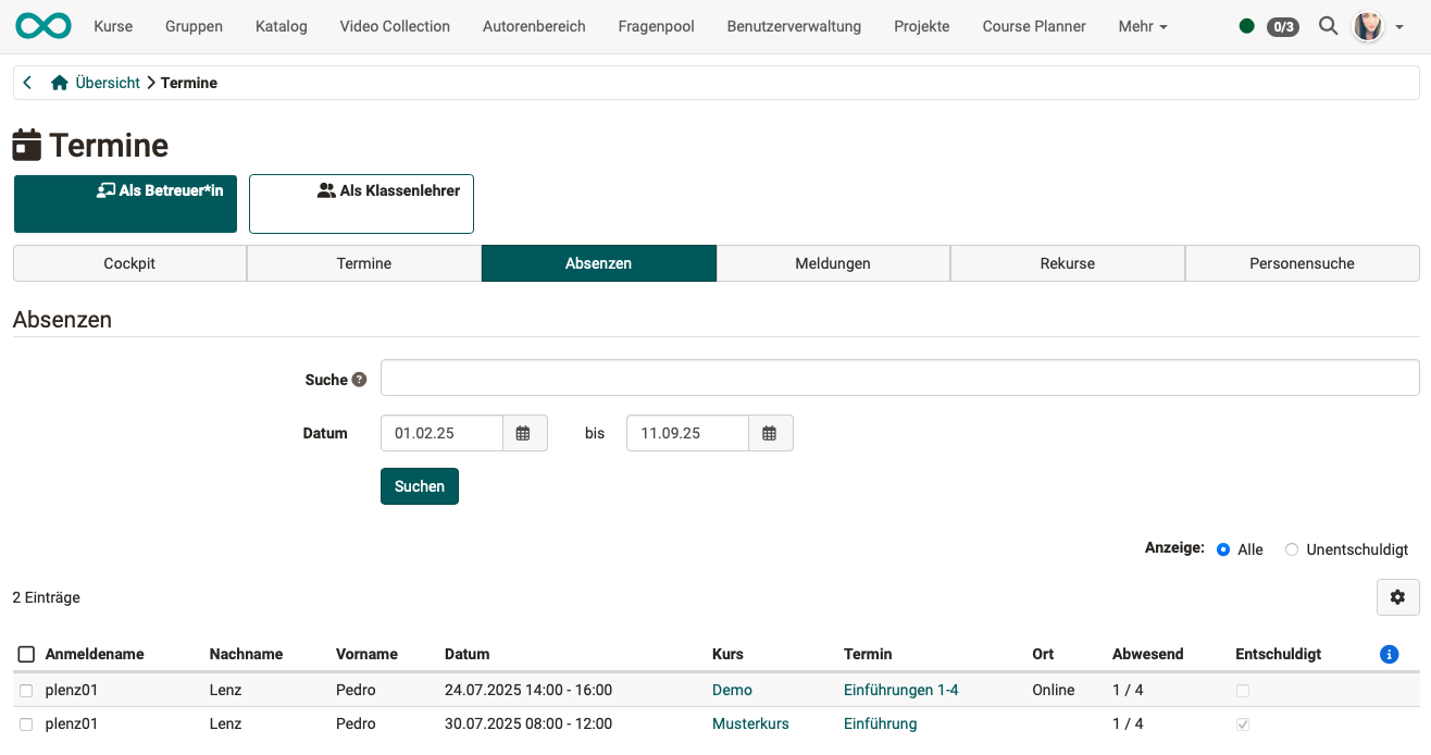 Search field, date range and display All or Unexcused above the list of recorded absences with date, course, event, location, absent and excused, in the tab Absences.