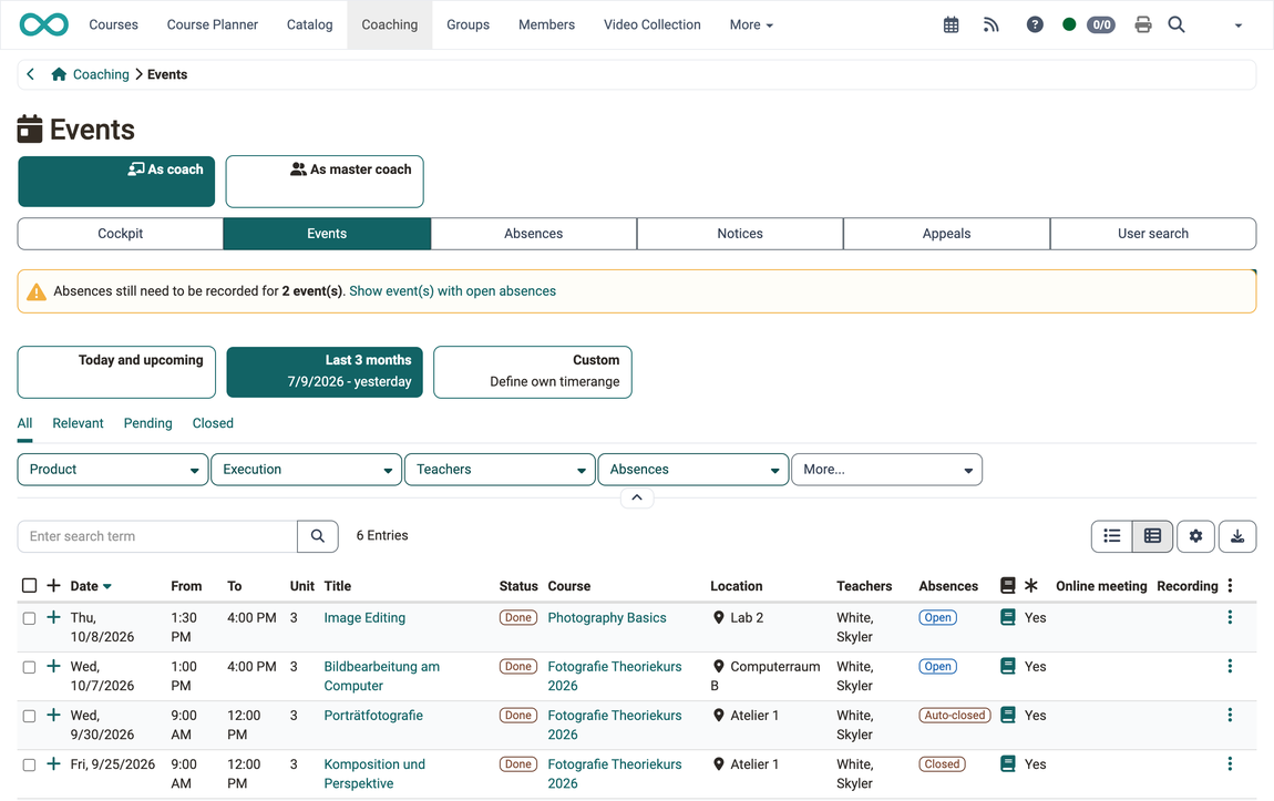 Period buttons, filter tabs and filters Product, Execution, Teachers and Absences narrow down the event list with status, book icon and asterisk symbol