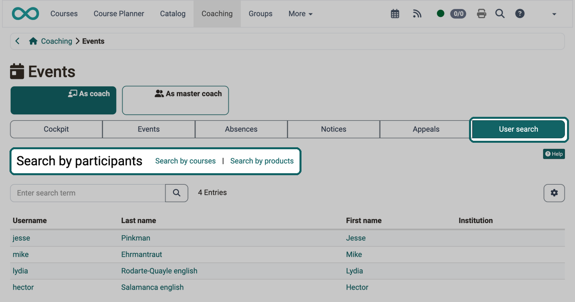 The large title shows the selected Search by participants, next to it two links switch to the search by courses or by products
