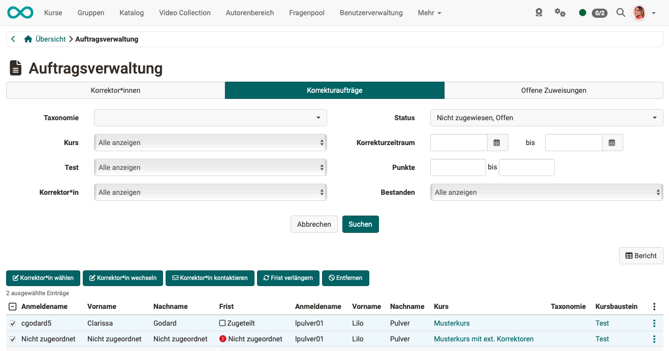 Filters from Taxonomy to Passed, button Report and bulk actions to select, change and contact correctors, extend the deadline and remove, in the tab Grading assignments of the Order management.
