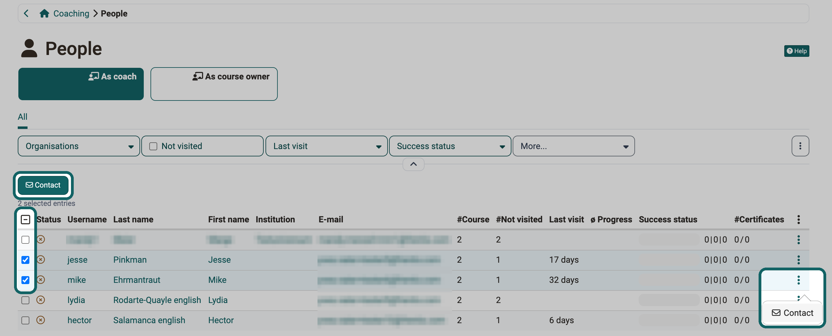 Marked: button Contact above the list after selecting two people, the selection column and the entry Contact in the row menu