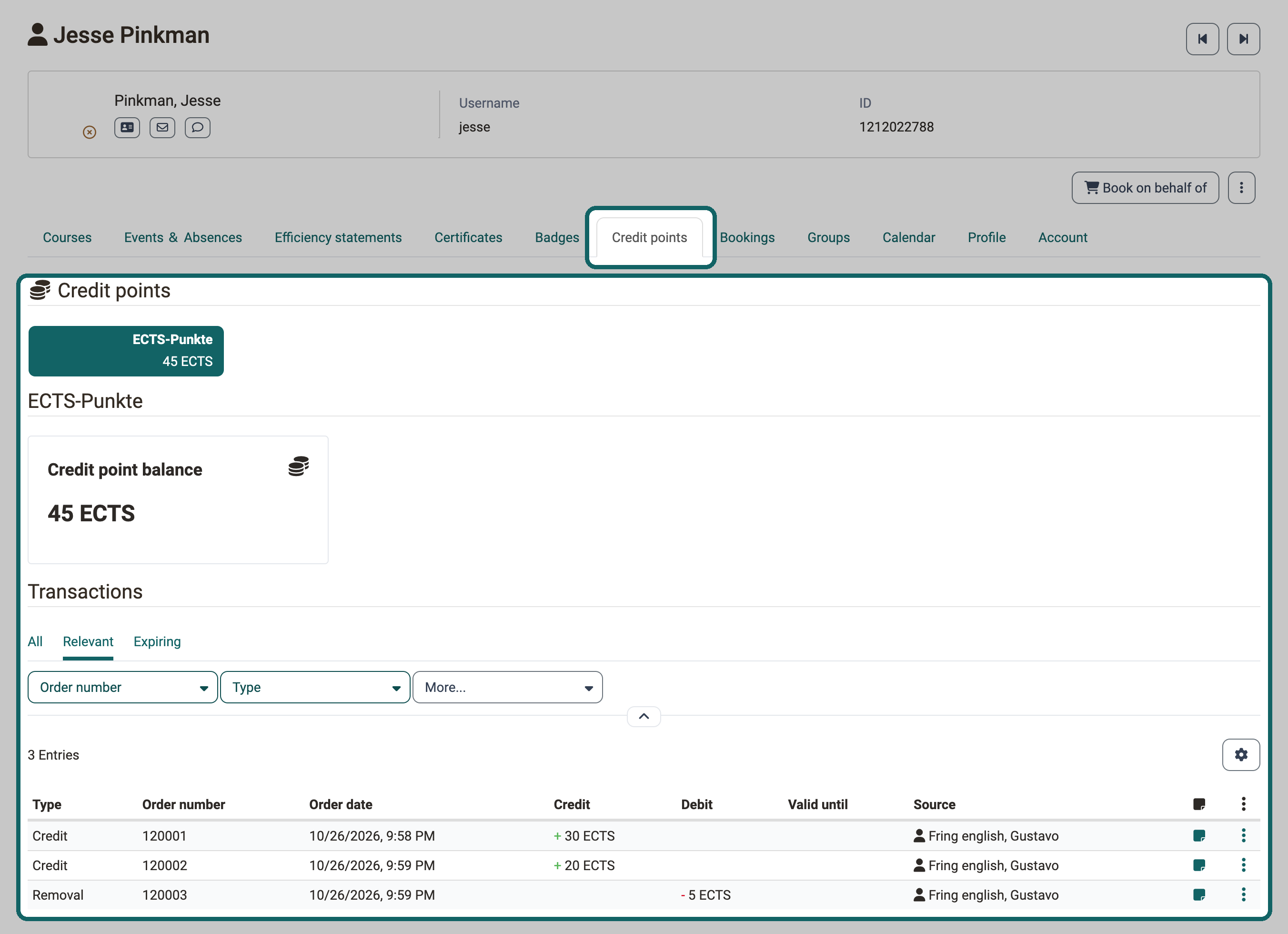 Tab Credit points between Badges and Bookings, below it the credit point balance and transactions of a coached person, without buttons for booking