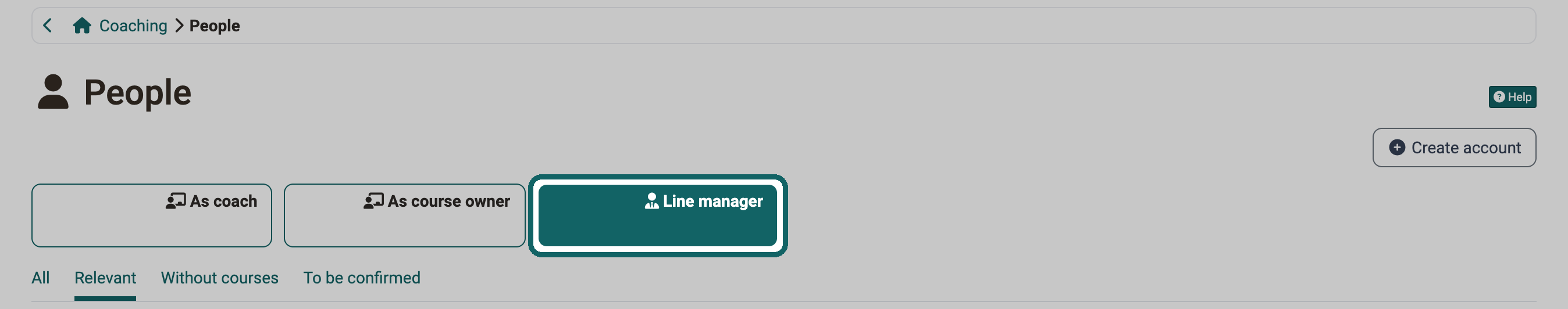 Marked scope button Line manager next to As coach and As course owner; for education managers, the button Education manager appears in the same place