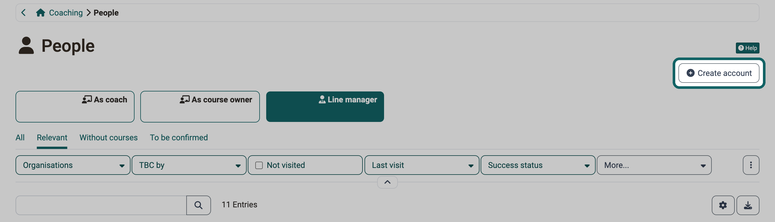 Marked button Create account at the top right, scope Line manager with the filter tabs All, Relevant, Without courses and To be confirmed.