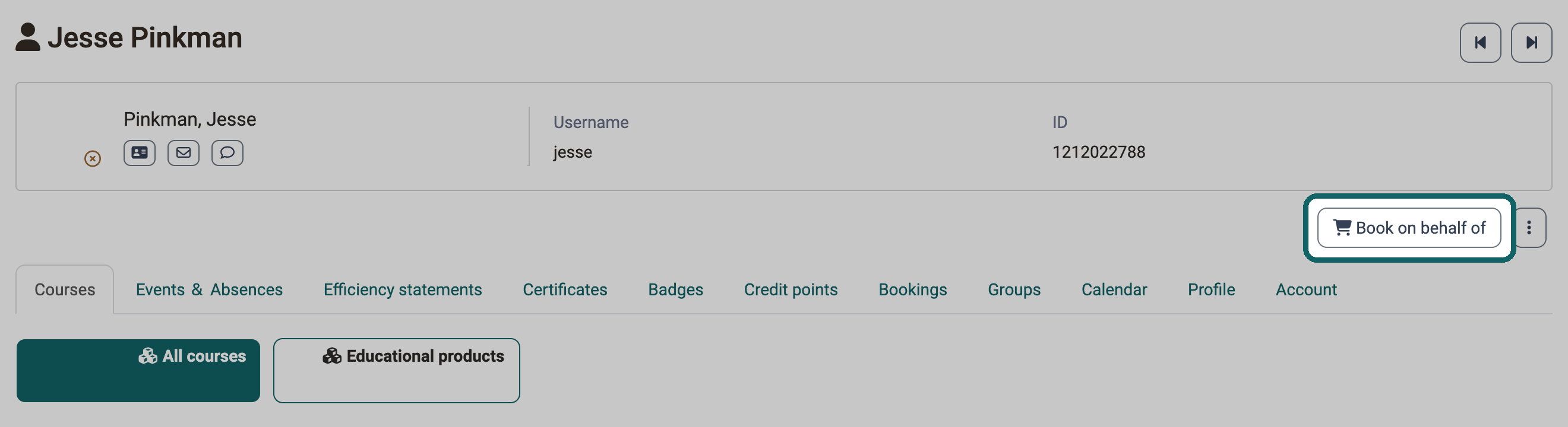 Marked button Book on behalf of at the right above the tabs of the detail view of a coached person