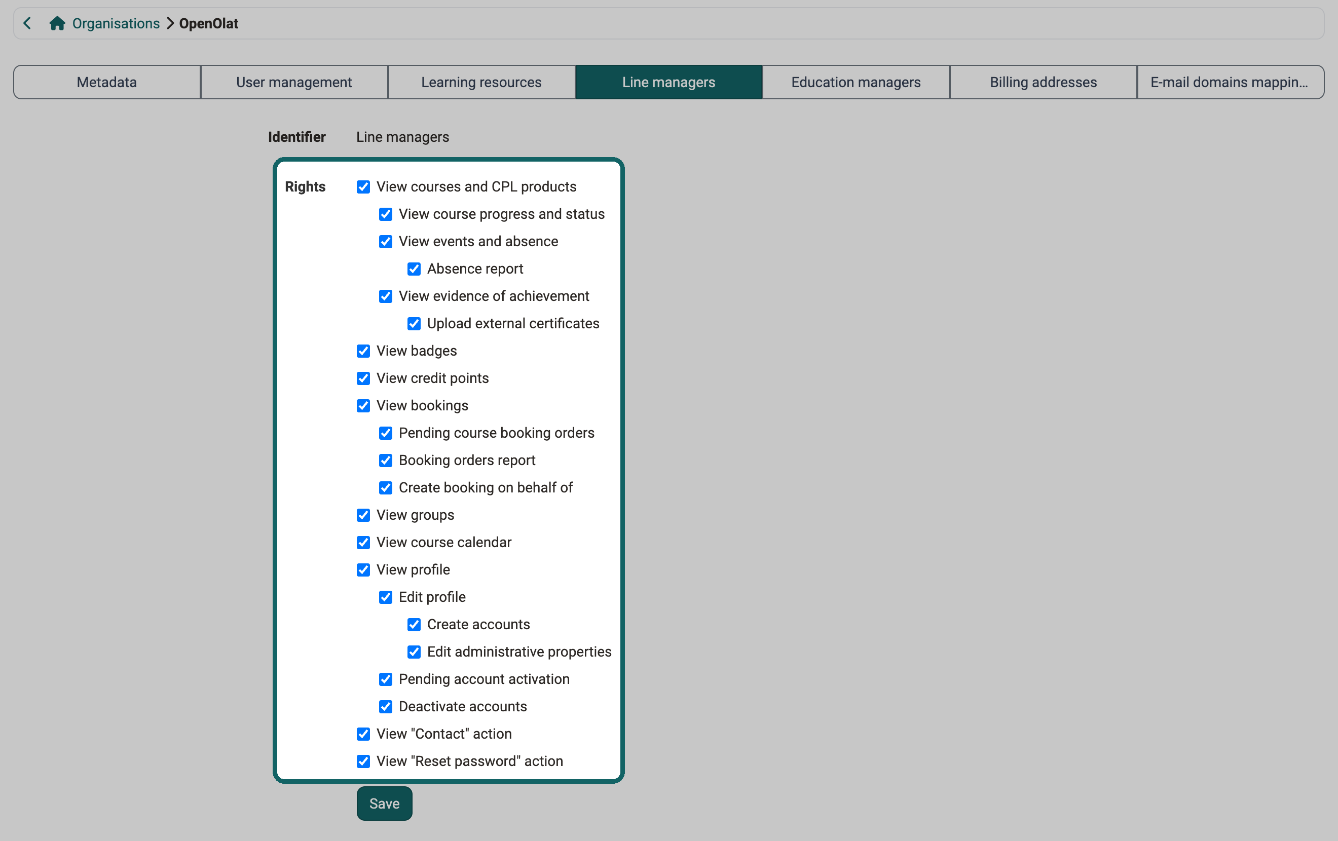 Rights of the role Line manager as a checkbox list, from View courses and CPL products to View "Reset password" action, all set
