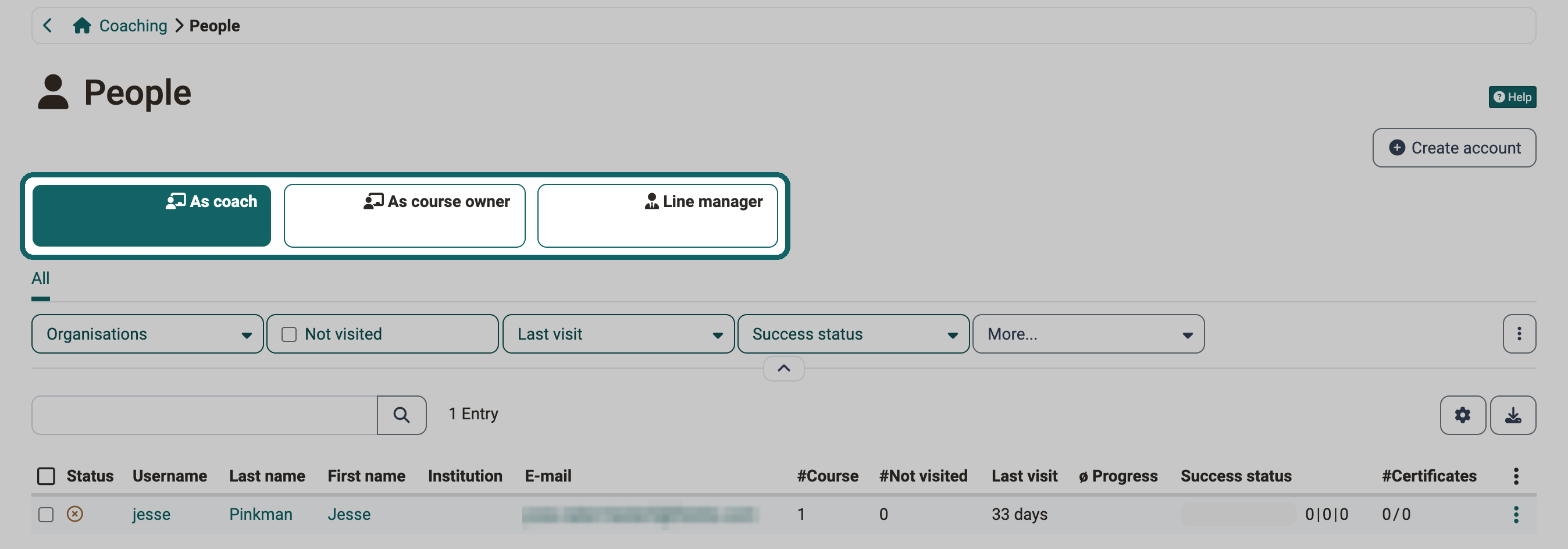 Marked scope buttons As coach, As course owner and Line manager above the people list with courses, visits, progress and success status; which scope buttons appear depends on your roles