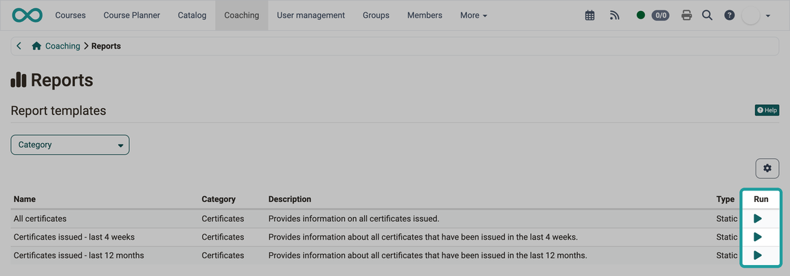 Marked column Run starts each of the three certificate templates, in the Report templates table with the Category filter in the Reports area.