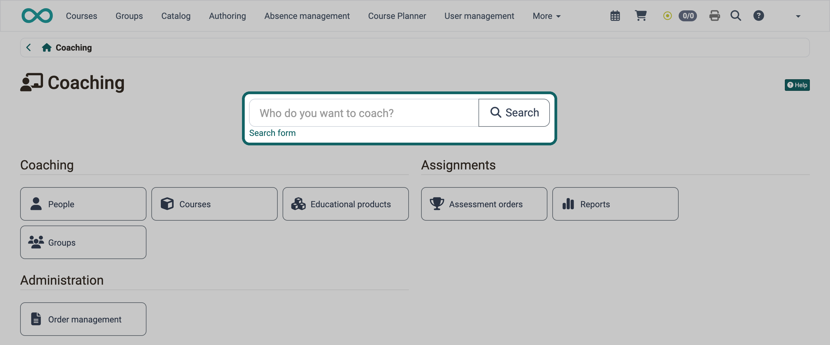 Coaching entry page · 2026.10.22 Marked search field with the placeholder Who do you want to coach?, the Search button and the Search form link