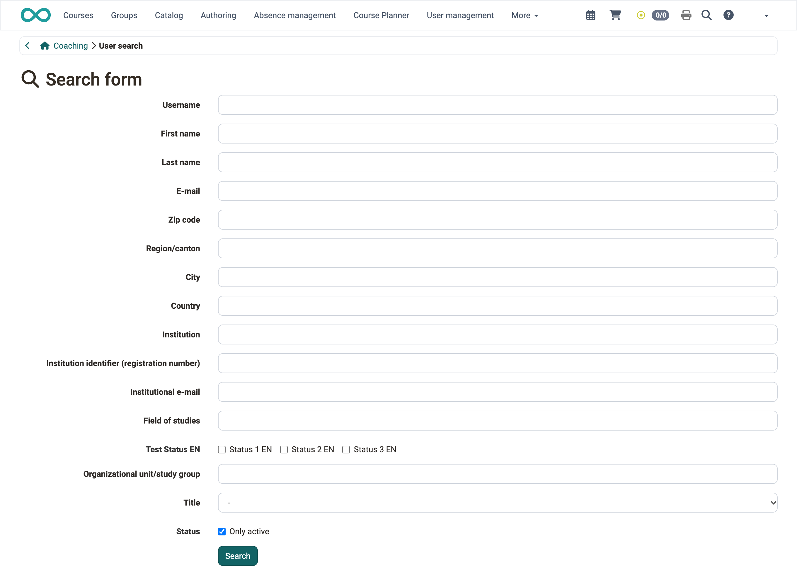 Search form of the user search in Coaching · 2026.10.22 Search form with fields from Username to Title, the checkbox Only active and the button Search