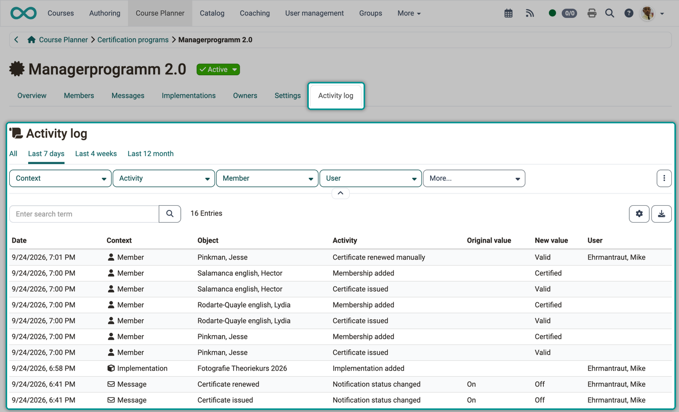 Activities with date, context, object, activity, original value and new value, filterable by period, context and member, in the Activity log tab