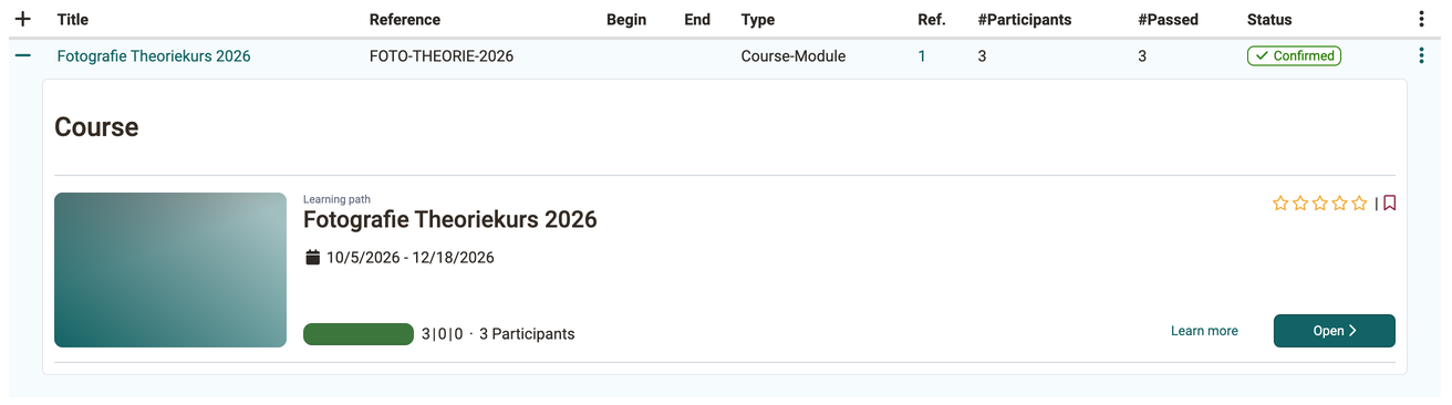 The linked course as a tile with the Learn more and Open buttons, in the Implementations tab of a certification program