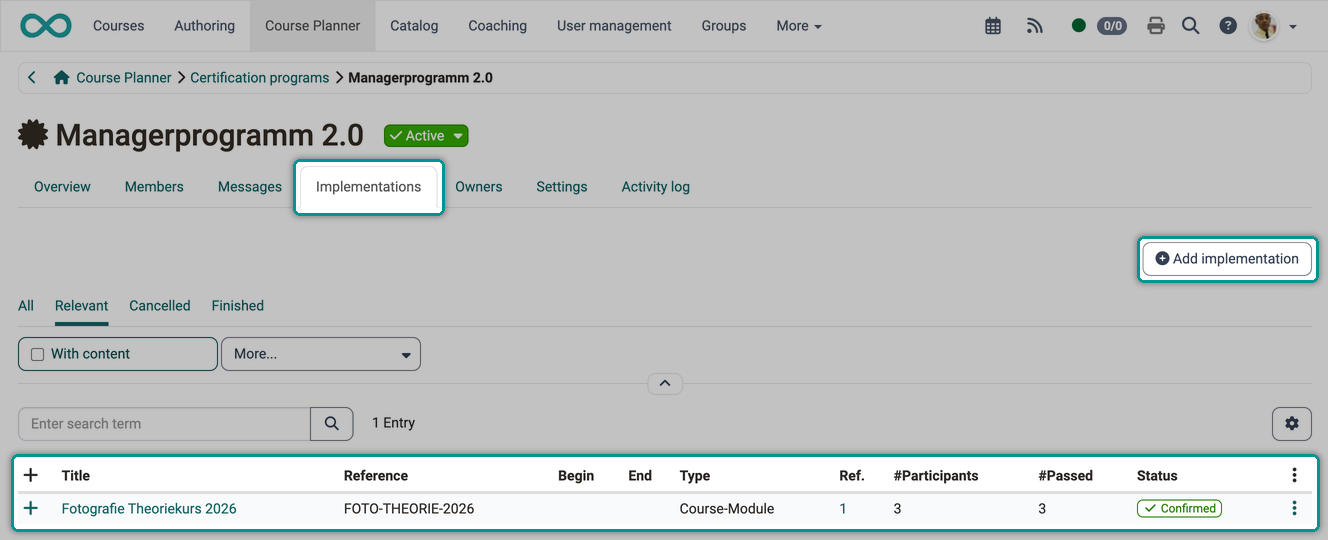 The linked implementations with type, Ref., participants, passed and status and the Add implementation button, in the Implementations tab
