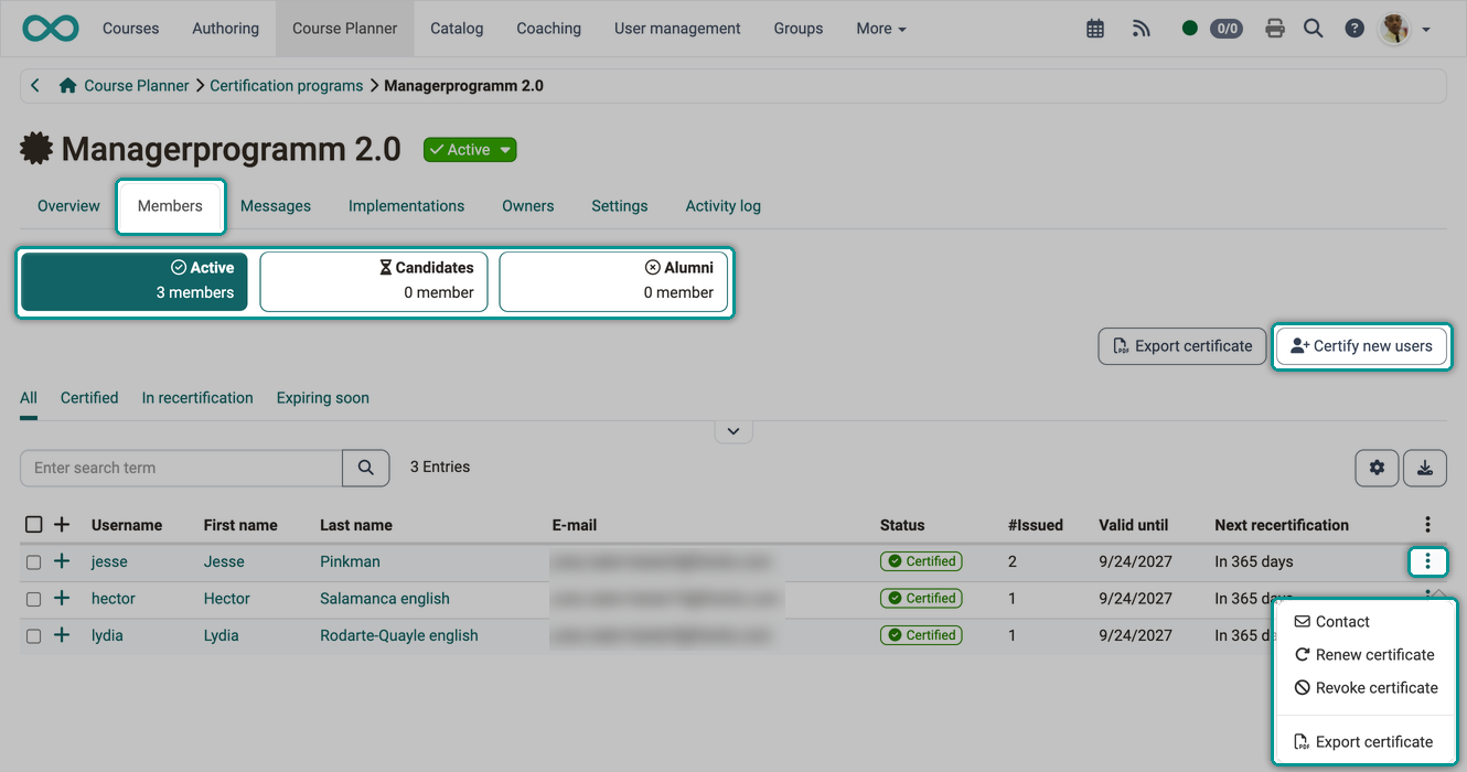 The tiles Active, Candidates and Alumni, the Certify new users button and the row menu with Contact, Renew certificate and Revoke certificate, in the Members tab