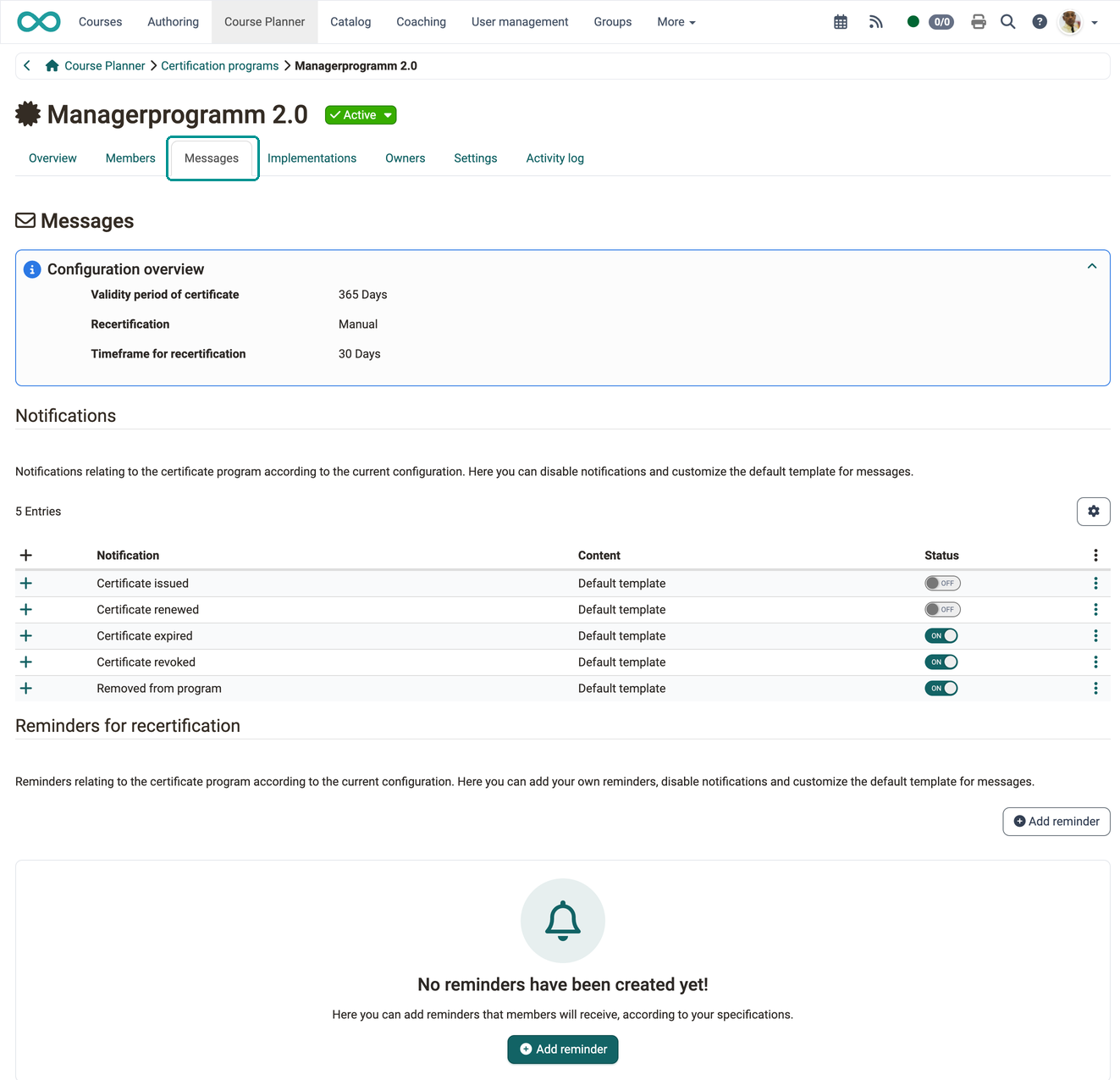 The configuration overview, the five prepared notifications with switch and the Reminders for recertification section, in the Messages tab