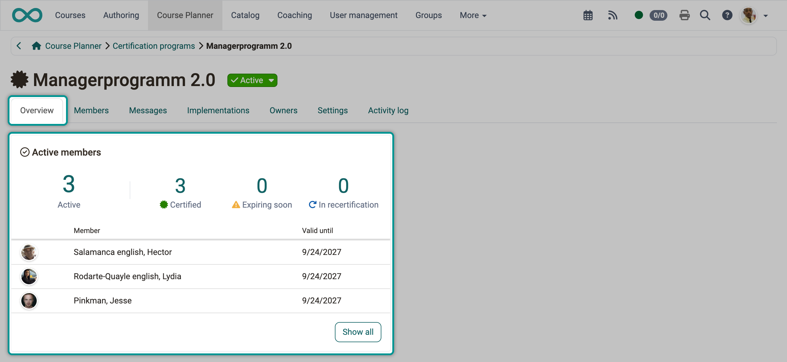 The key figures Active, Certified, Expiring soon and In recertification with the list of certified members, in the Overview tab of a certification program
