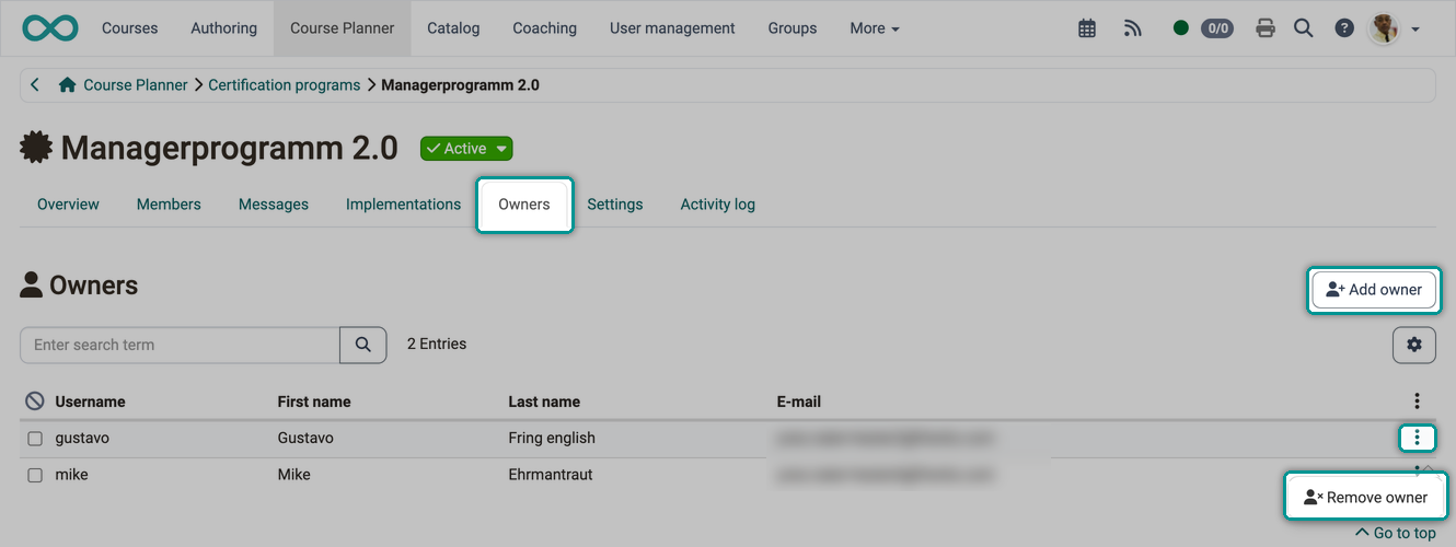 The Add owner button and the row action Remove owner, in the Owners tab of a certification program