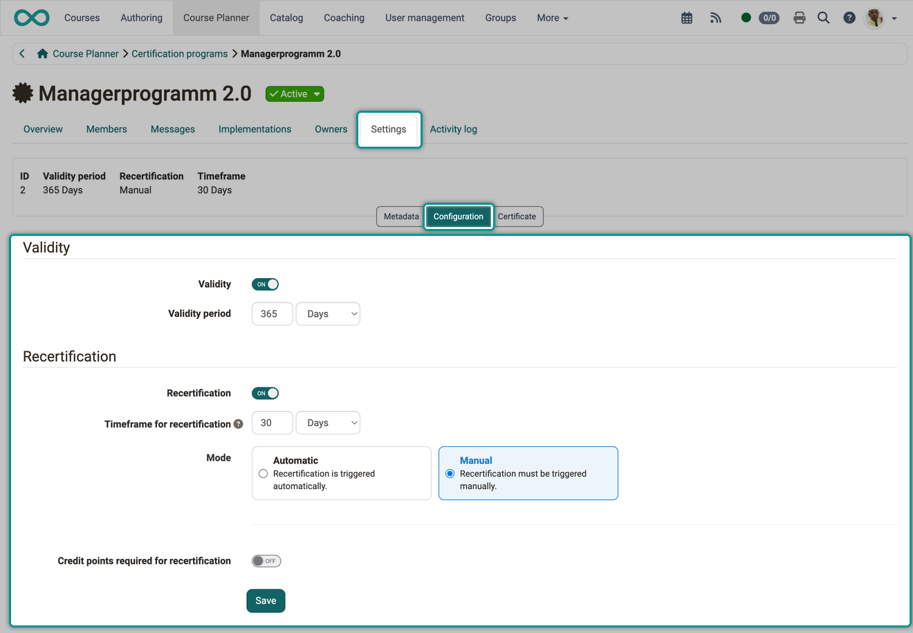 Validity with validity period, recertification with timeframe, mode Automatic or Manual, credit point system and required credit points, in the Configuration area