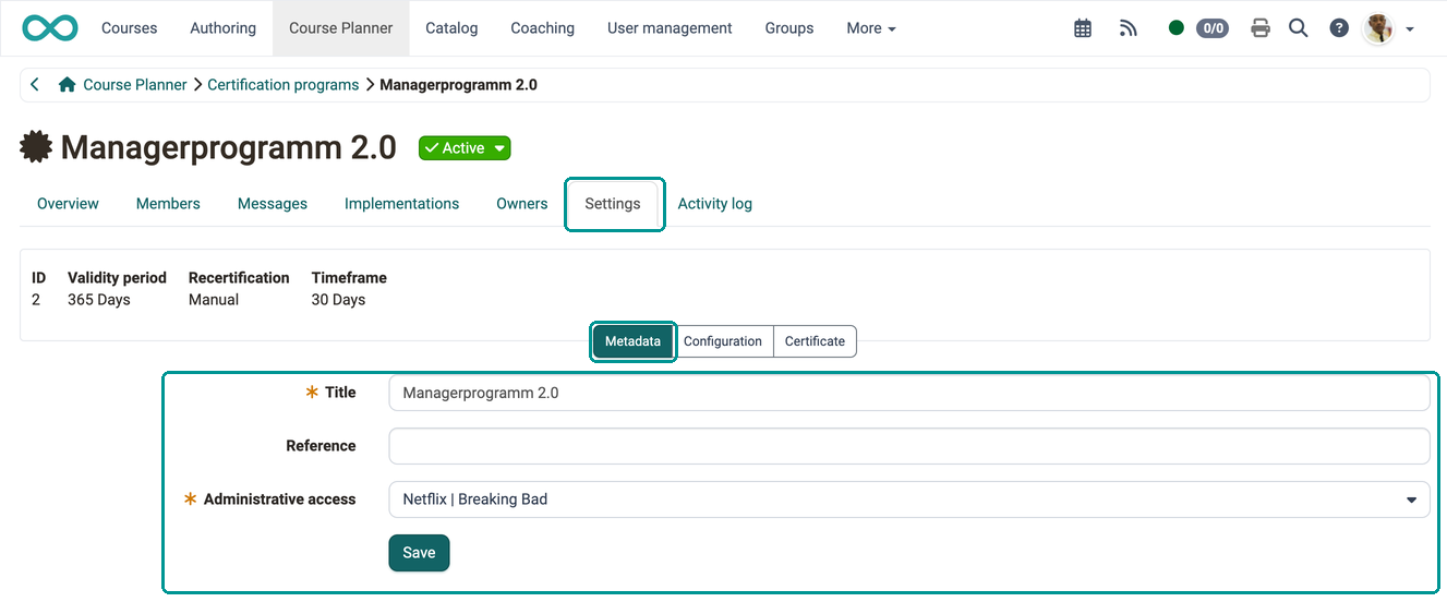 The fields Title, Reference and Administrative access, in the Metadata area of the Settings tab