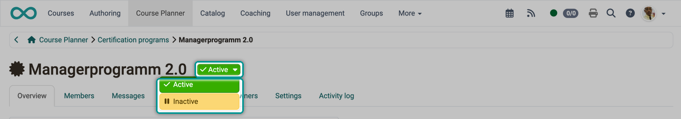 The expanded status menu with Active and Inactive next to the program title, in an opened certification program