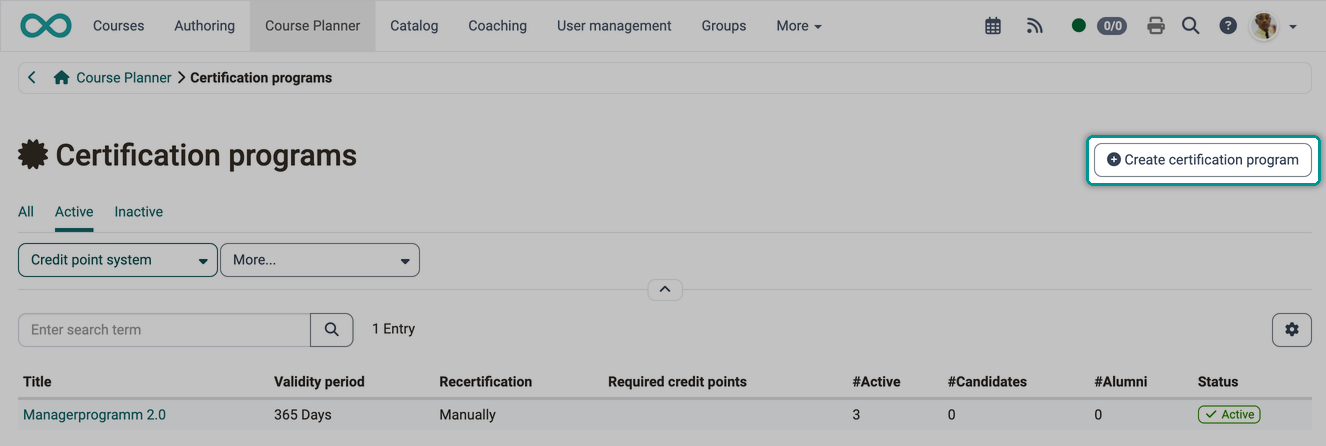 The Create certification program button at the top right above the program list, highlighted in the Certification programs area