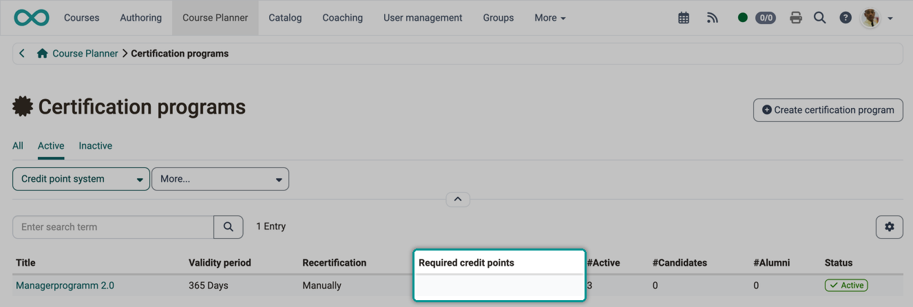 The Required credit points column, highlighted in the list of certification programs